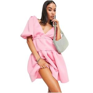 ASOS DESIGN Puff Sleeve Elasticized Smock Mini Skate Dress in Bubblegum Size 4